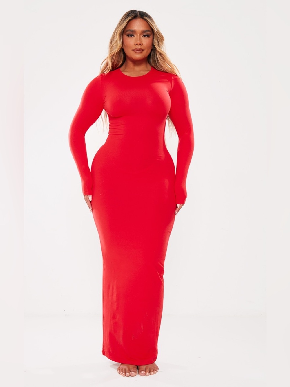 PLT Red Long Sleeve Bodycon Maxi Dress